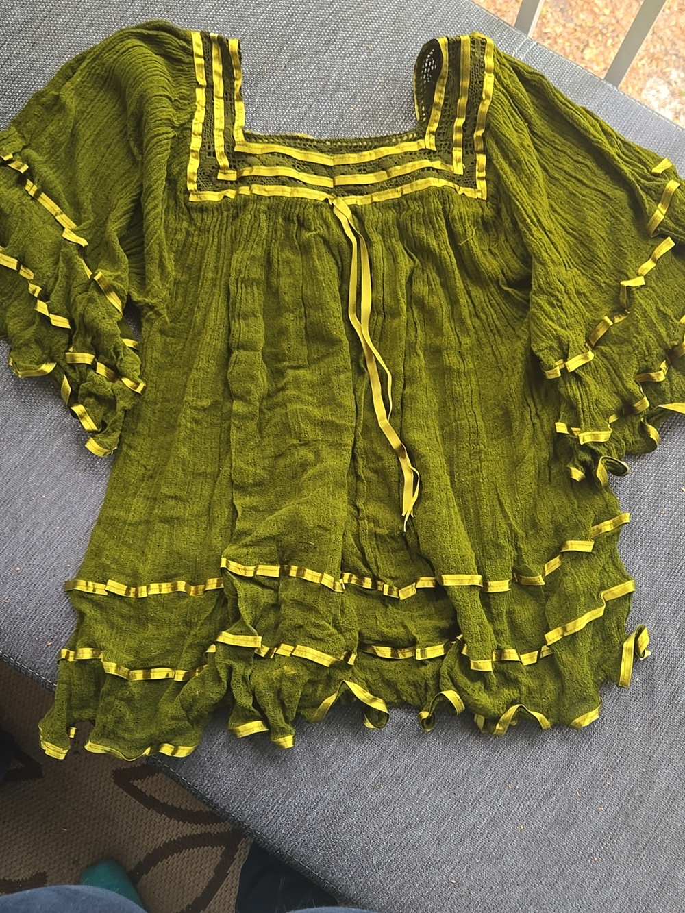 Olive Green Ruffle Mini Dress - Boho Peasant Style